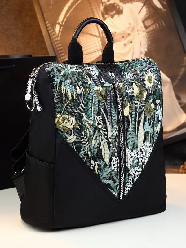 Stylish Boutique Black Print Patchwork  Calf Leather Backpack Bag