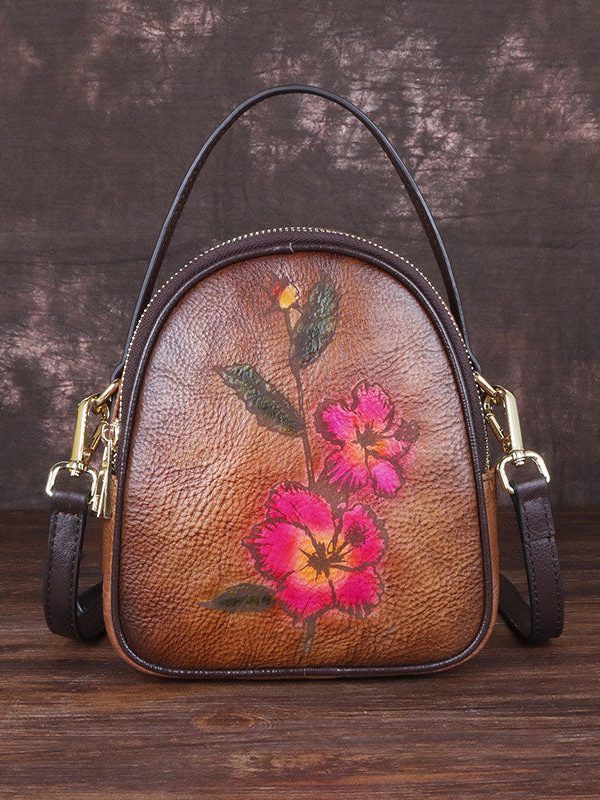 Stylish Brown Print Paitings Calf Leather Backpack Bag