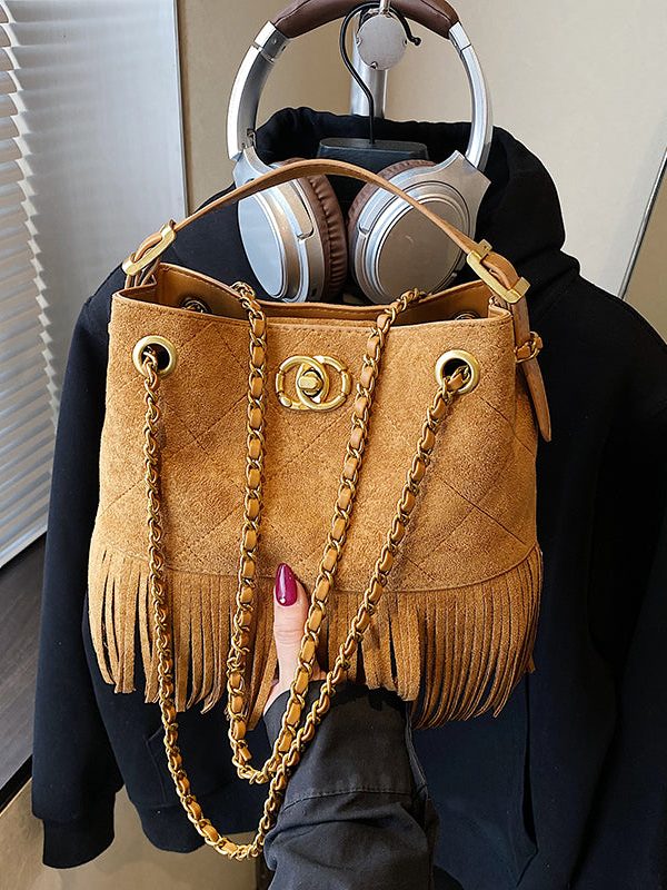 Stylish Brown Tassel Patchwork Suede Shoulder Bag