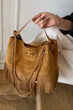 Stylish Brown Tassel Patchwork Suede Shoulder Bag