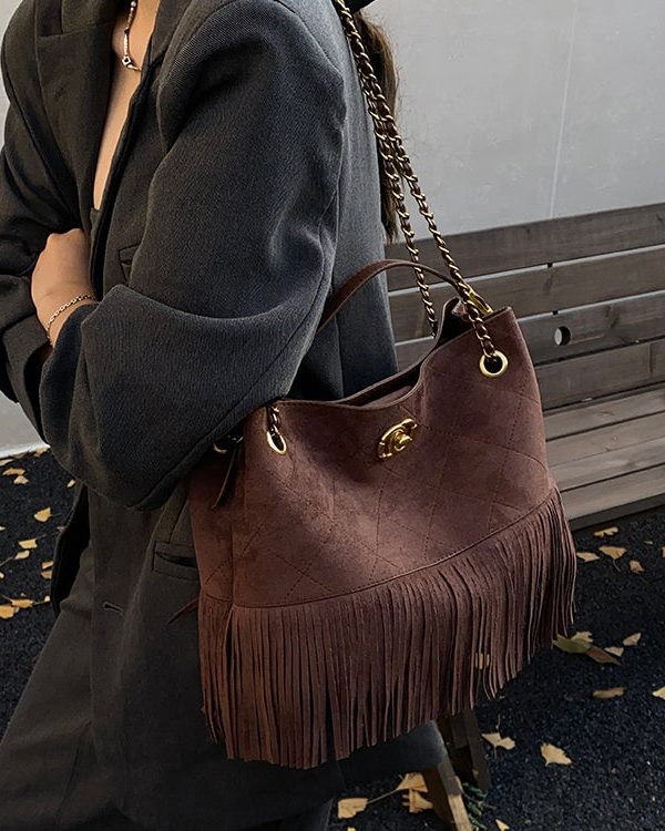 Stylish Brown Tassel Patchwork Suede Shoulder Bag