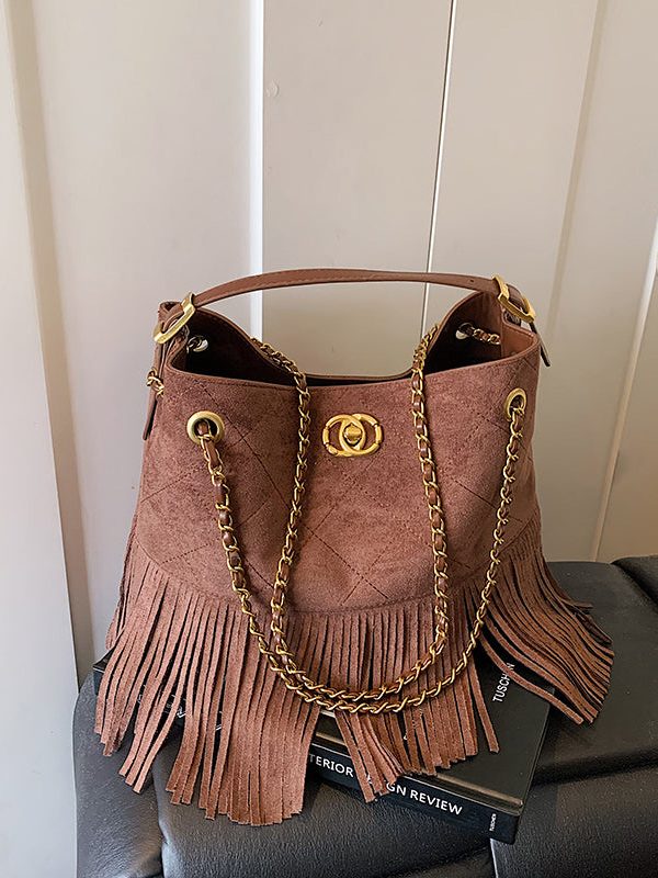 Stylish Brown Tassel Patchwork Suede Shoulder Bag