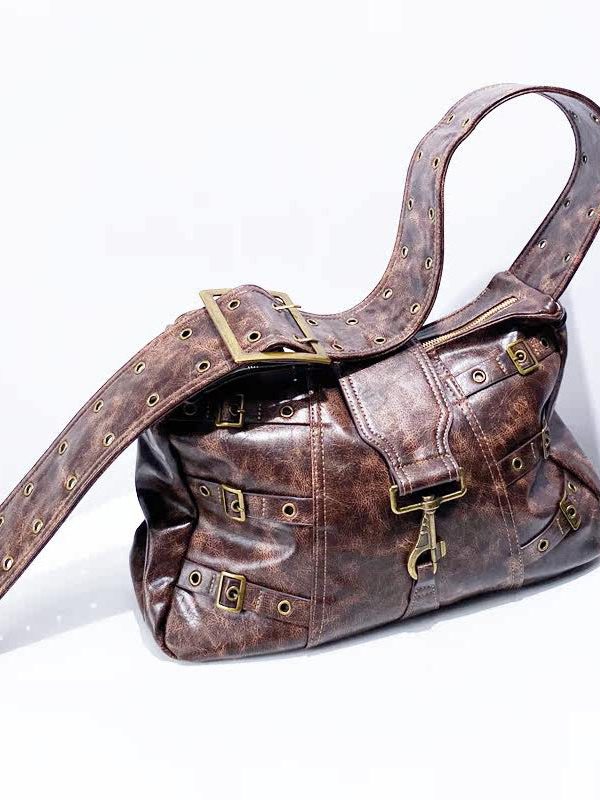 Stylish Brown Tie Dye Rivet Faux Leather Messenger Bag