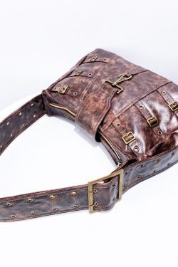 Stylish Brown Tie Dye Rivet Faux Leather Messenger Bag