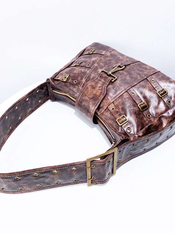 Stylish Brown Tie Dye Rivet Faux Leather Messenger Bag