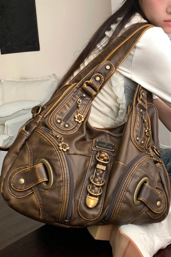 Stylish Brown Zippered Large Capacity Faux Leather Satchel Handbag