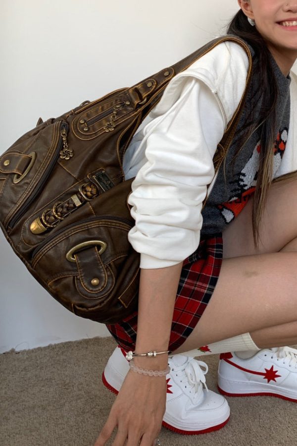 Stylish Brown Zippered Large Capacity Faux Leather Satchel Handbag