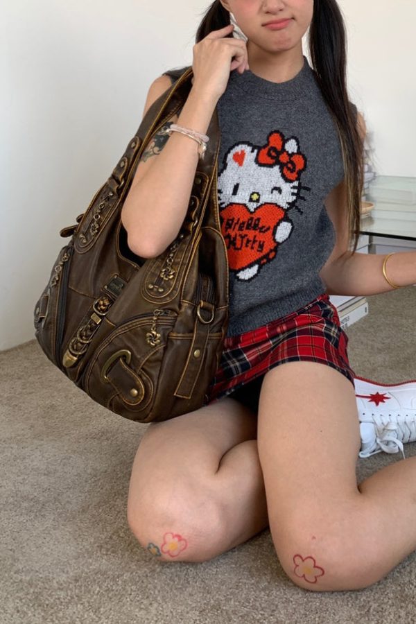 Stylish Brown Zippered Large Capacity Faux Leather Satchel Handbag