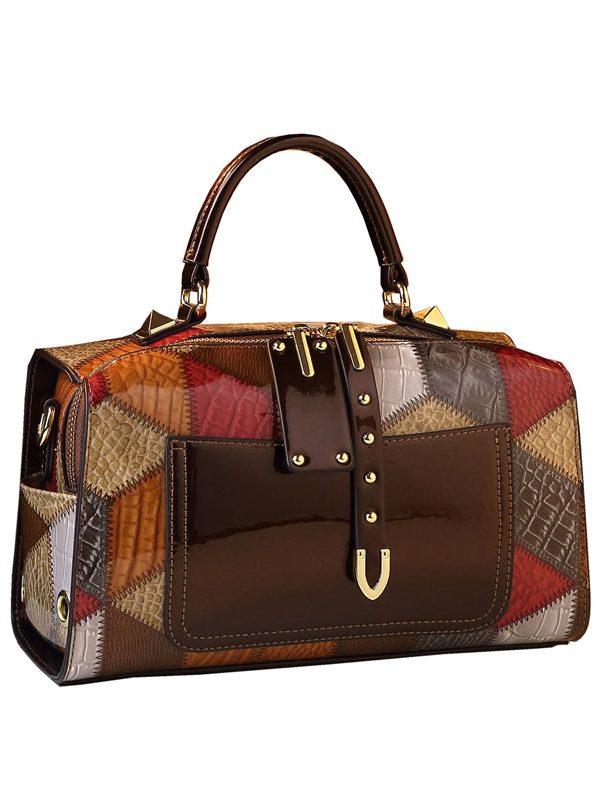 Stylish Coffee Patchwork Calf Leather Tote Handbag