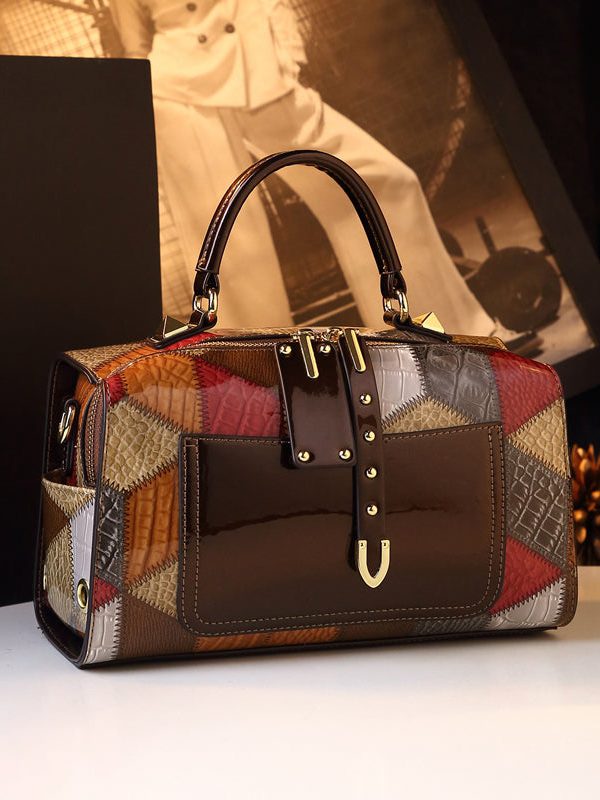 Stylish Coffee Patchwork Calf Leather Tote Handbag