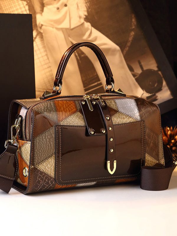 Stylish Coffee Patchwork Calf Leather Tote Handbag