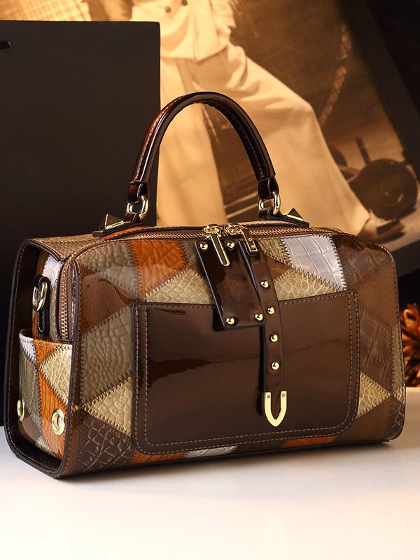 Stylish Coffee Patchwork Calf Leather Tote Handbag