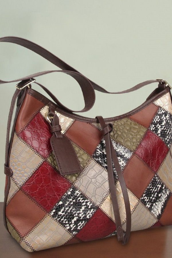 Stylish Colorblock Zippered Patchwork Calf Leather Tote Handbag