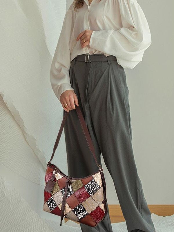 Stylish Colorblock Zippered Patchwork Calf Leather Tote Handbag