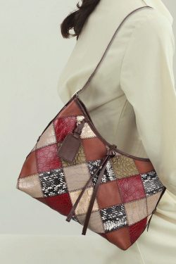 Stylish Colorblock Zippered Patchwork Calf Leather Tote Handbag