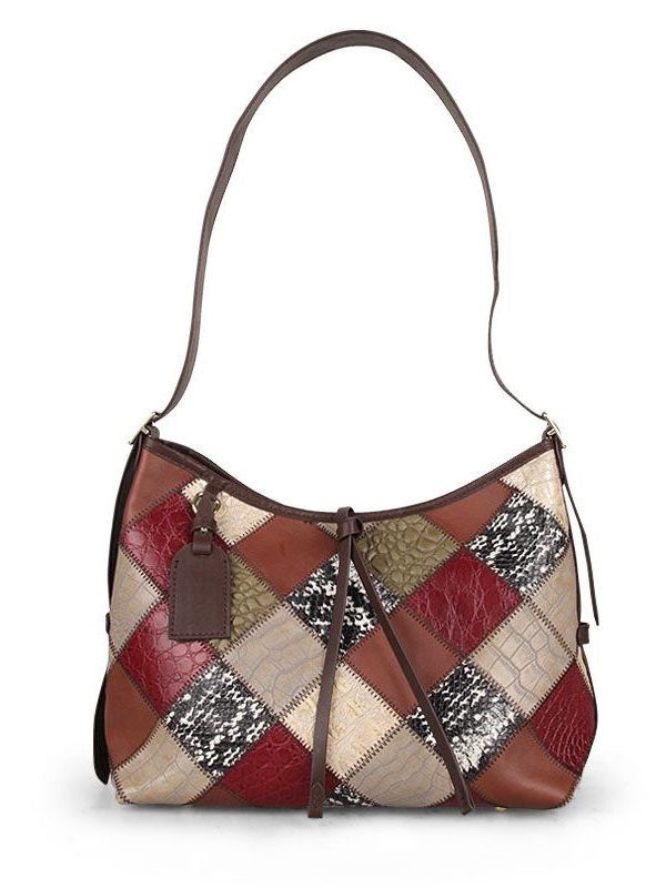 Stylish Colorblock Zippered Patchwork Calf Leather Tote Handbag