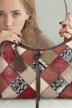 Stylish Colorblock Zippered Patchwork Calf Leather Tote Handbag