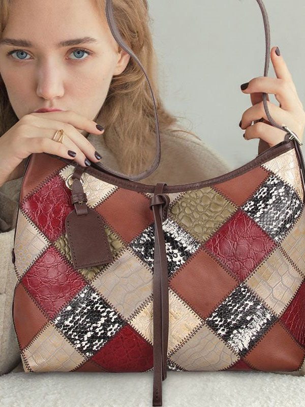 Stylish Colorblock Zippered Patchwork Calf Leather Tote Handbag