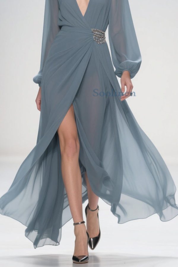 Stylish Deep Smoggy Blue V Neck Wrinkled Side Open Party Dress Spring