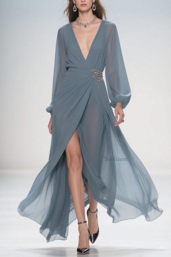 Stylish Deep Smoggy Blue V Neck Wrinkled Side Open Party Dress Spring