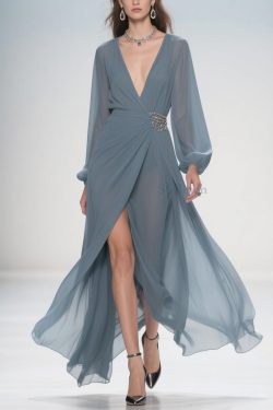 Stylish Deep Smoggy Blue V Neck Wrinkled Side Open Party Dress Spring