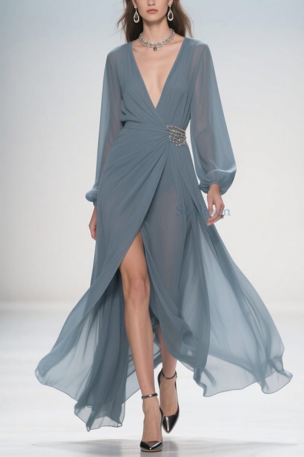 Stylish Deep Smoggy Blue V Neck Wrinkled Side Open Party Dress Spring