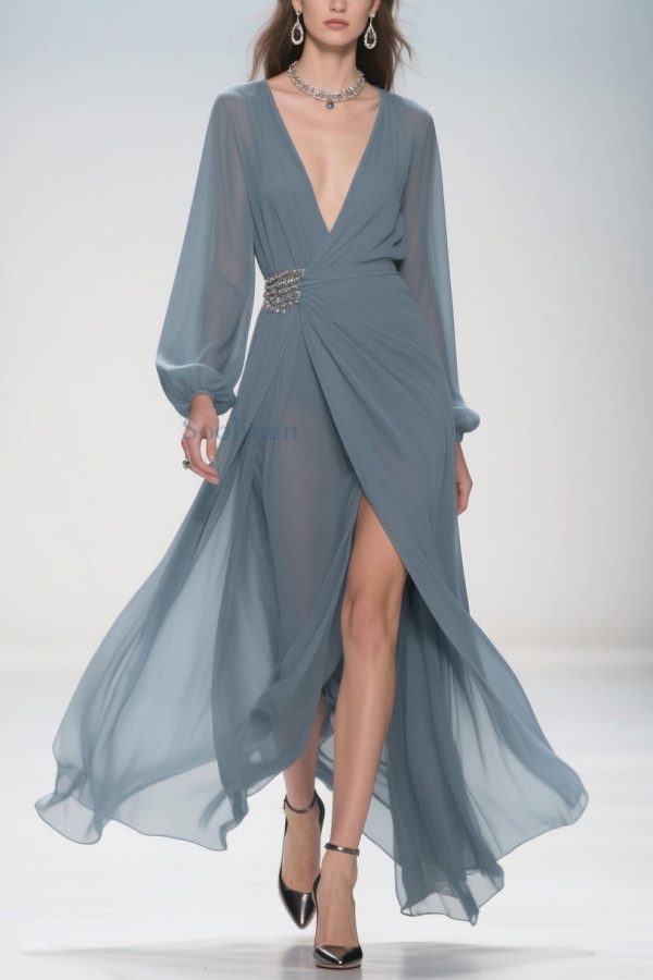 Stylish Deep Smoggy Blue V Neck Wrinkled Side Open Party Dress Spring