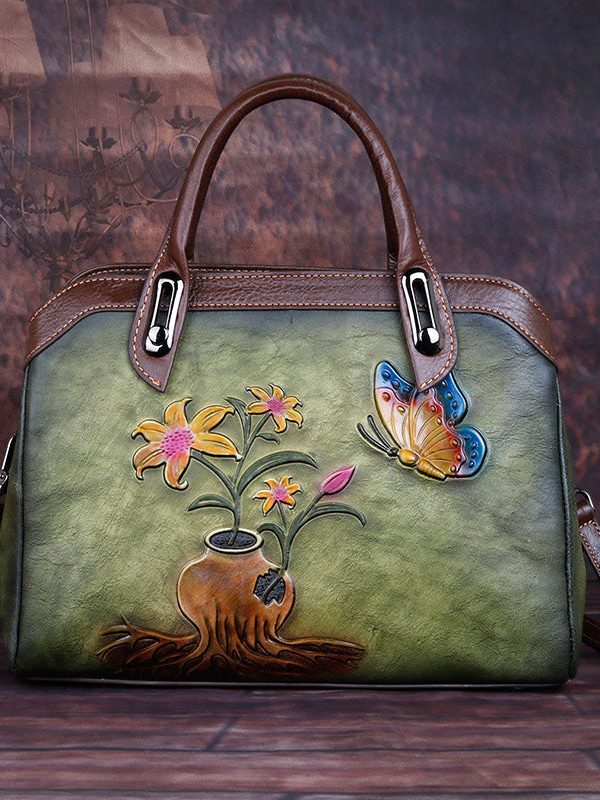 Stylish Green Jacquard Calf Leather Tote Handbag