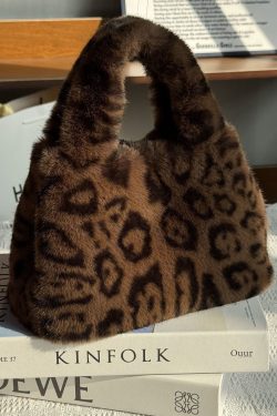 Stylish Leopard Fuzzy Fur Fluffy Large Capacity Tote Handbag