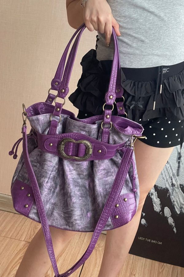 Stylish Purple Drawstring Faux Leather Pouch Bag