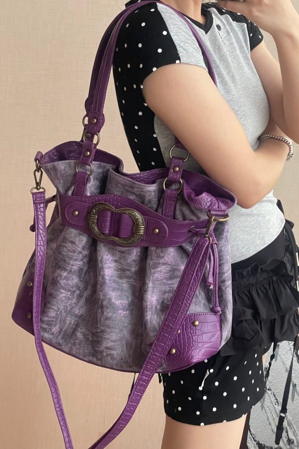 Stylish Purple Drawstring Faux Leather Pouch Bag