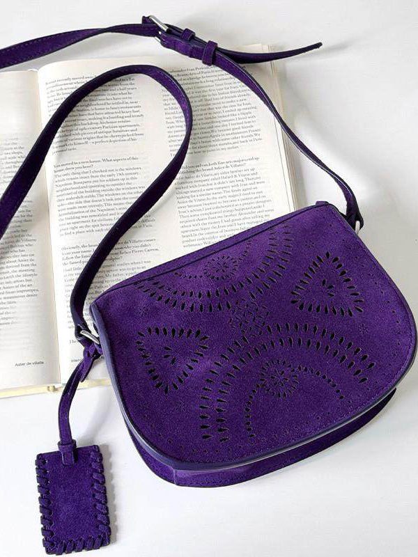 Stylish Purple Versatile Hollow Out Suede Saddle Bag