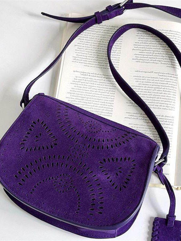 Stylish Purple Versatile Hollow Out Suede Saddle Bag