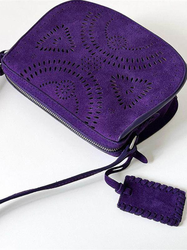 Stylish Purple Versatile Hollow Out Suede Saddle Bag