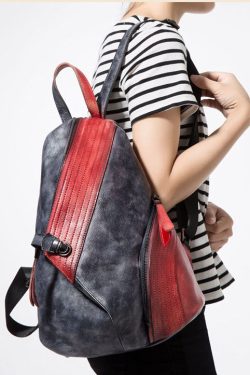 Stylish Red Black Patchwork Calf Leather Backpack Bag