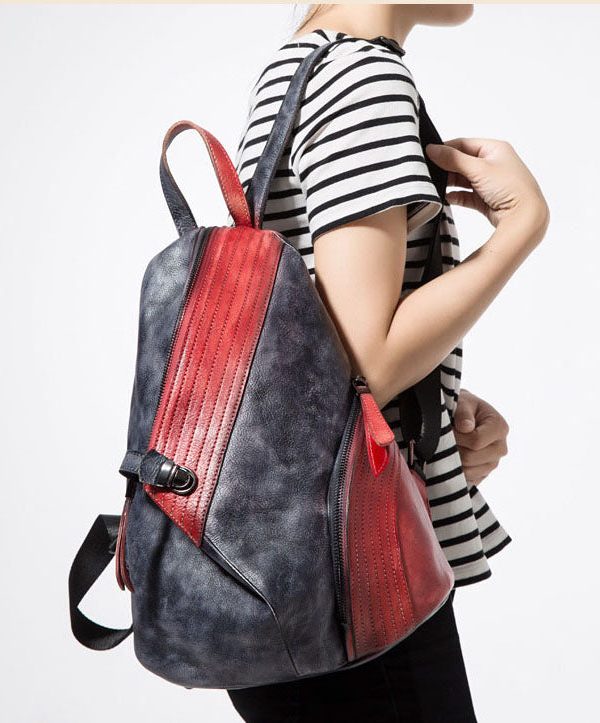 Stylish Red Black Patchwork Calf Leather Backpack Bag