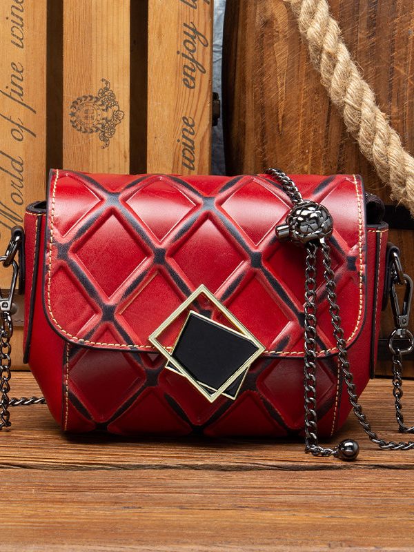 Stylish Red Calf Leather Chain Linked Messenger Bag