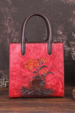 Stylish Red Floral Paitings Calf Leather Tote Handbag