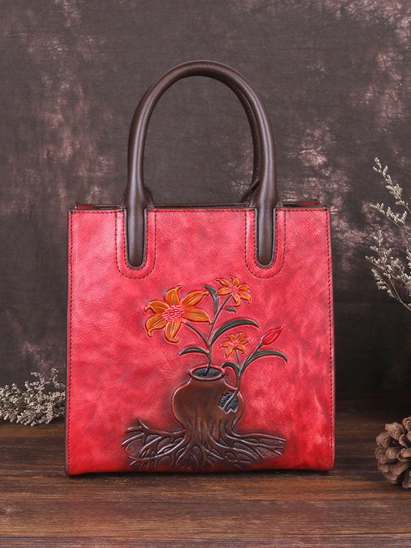 Stylish Red Floral Paitings Calf Leather Tote Handbag