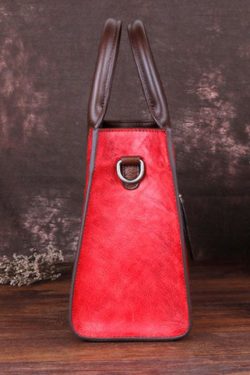 Stylish Red Floral Paitings Calf Leather Tote Handbag