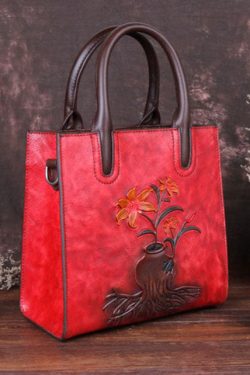 Stylish Red Floral Paitings Calf Leather Tote Handbag
