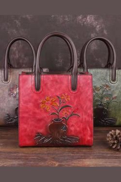 Stylish Red Floral Paitings Calf Leather Tote Handbag
