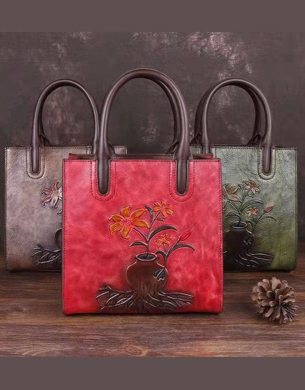 Stylish Red Floral Paitings Calf Leather Tote Handbag