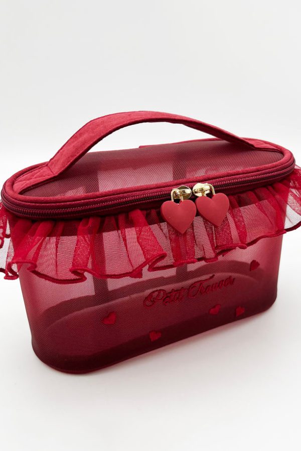 Stylish Red Ruffled Embroideried Tulle Tote Handbag
