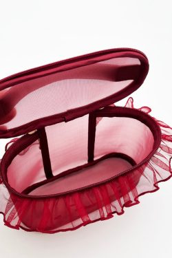 Stylish Red Ruffled Embroideried Tulle Tote Handbag