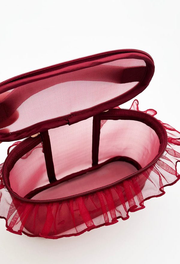 Stylish Red Ruffled Embroideried Tulle Tote Handbag