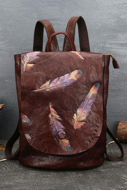 Stylish Reddish Brown Feather Embossing Calf Leather Backpack Bag