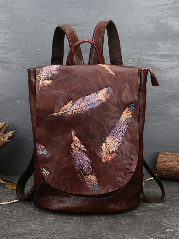 Stylish Reddish Brown Feather Embossing Calf Leather Backpack Bag