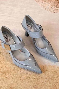 Stylish Splicing High Heels Blue Grey Cowhide Leather Pointed Toe