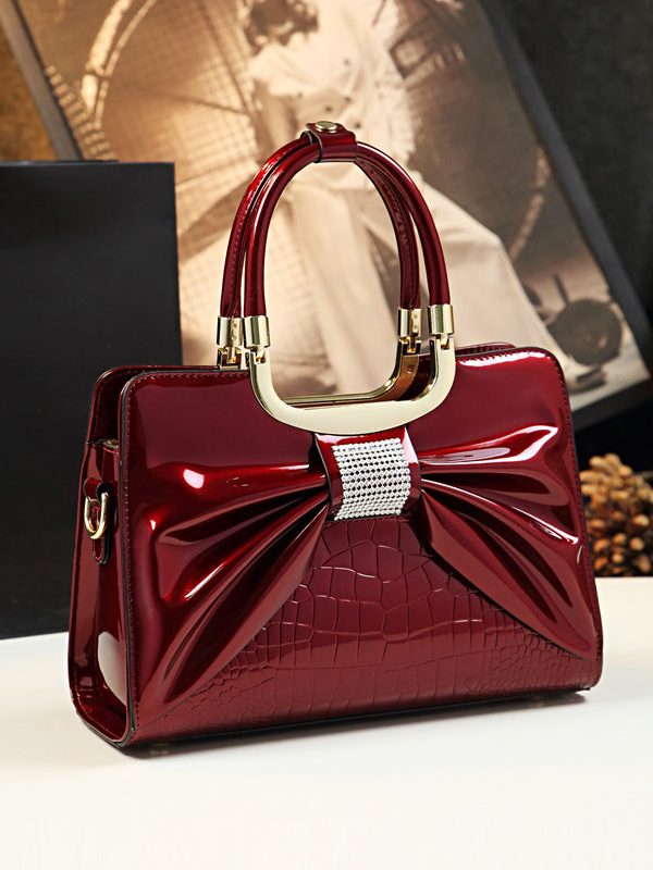 Stylish Versatile Black Bow Calf Leather Tote Handbag